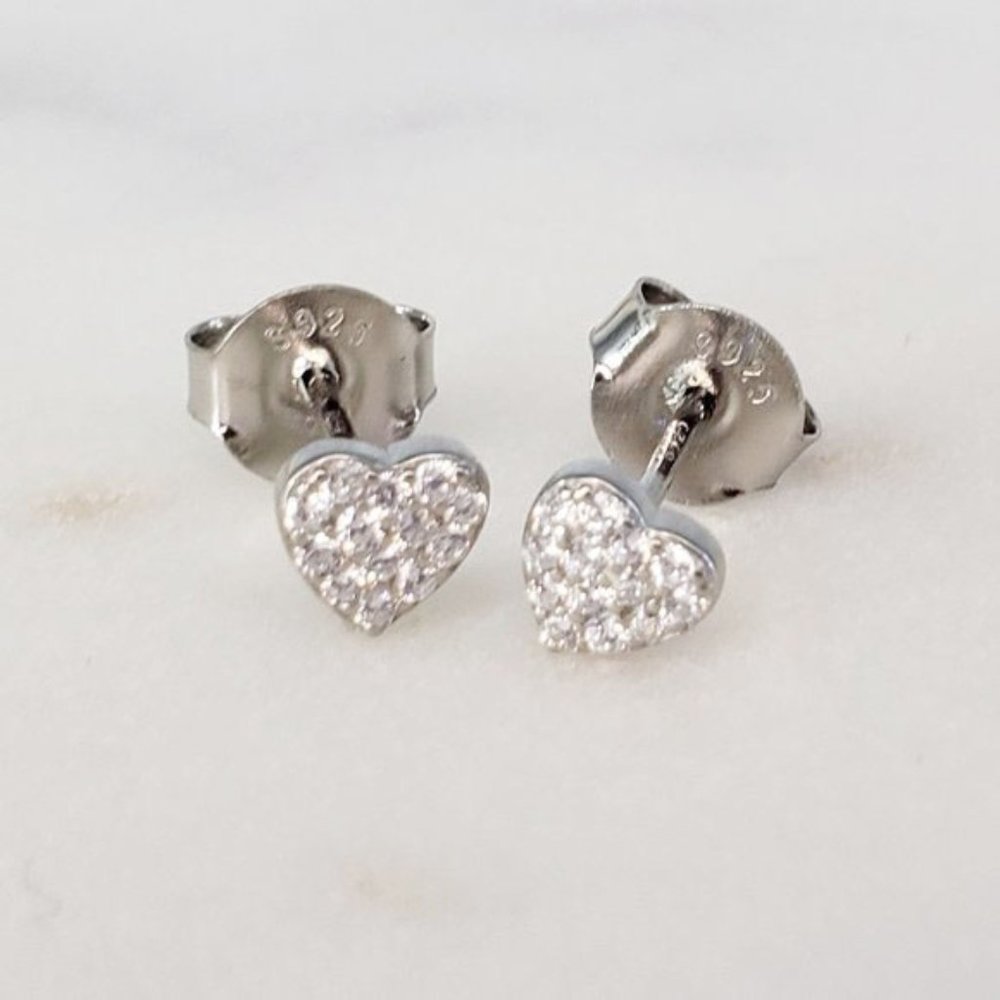New Rhodium Plated Pave Heart Stud Earrings